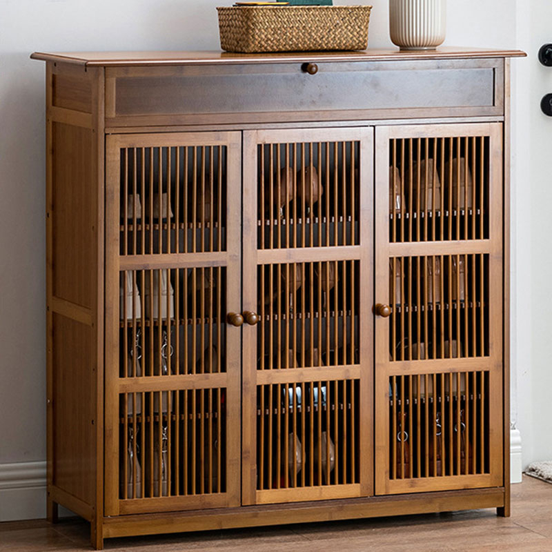 Tủ giày gỗ tre 3 cửa kèm đôn - Kệ để giày dép gỗ tre 3, 4 cánh kèm đôn thay giày - giá để giày dép tân cổ điển