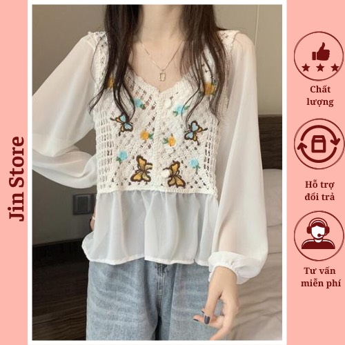 Áo sơ mi phối ren dài tay vải voan thêu hoạ tiết hoa lá thiết kế cổ chữ V thời trang đi biển đi chơi