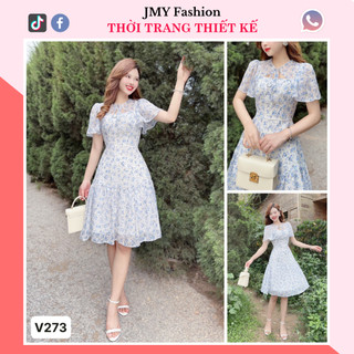 V273 Váy đầm voan hoa nhí xanh nữ đi biển [Hà Thanh&Rency] váy hoa tay cánh tiên nơ cổ tiểu thư