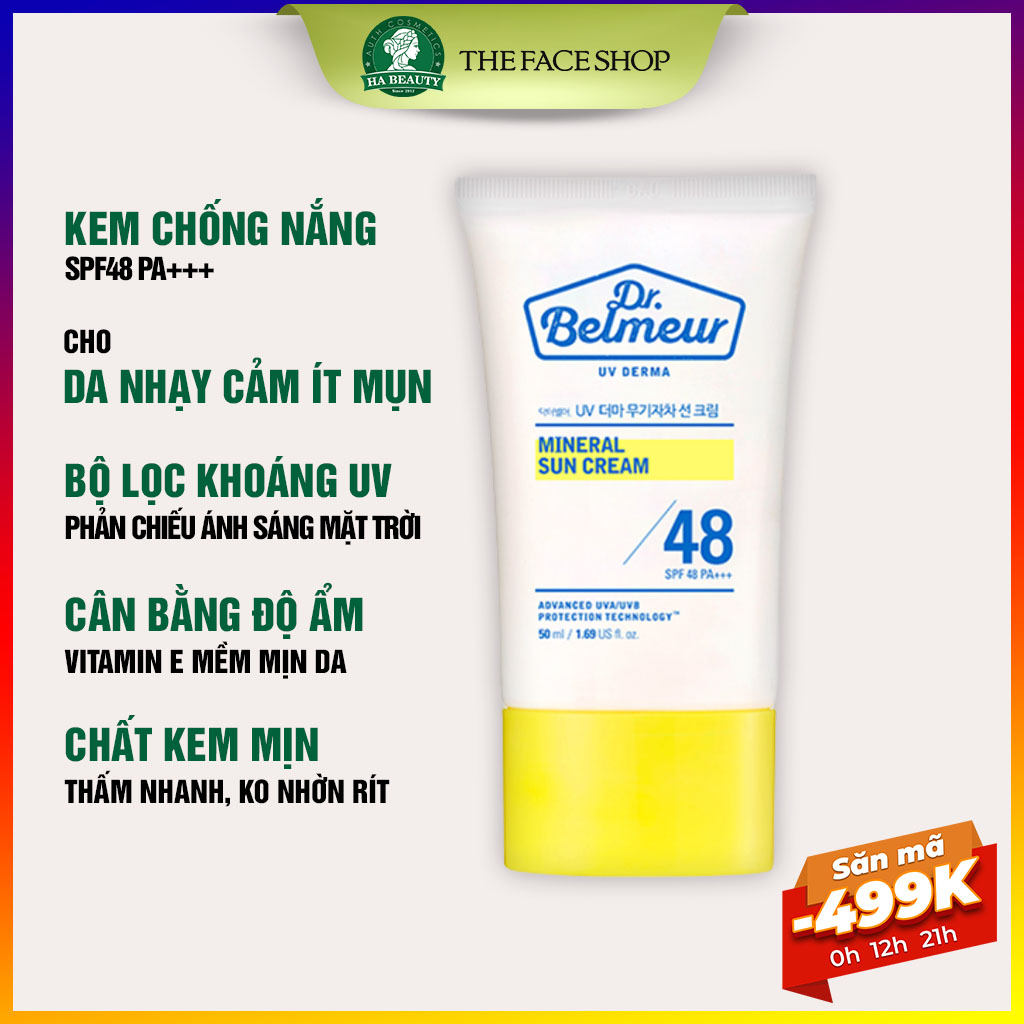 Kem chống nắng dưỡng ẩm cho da mụn nhạy cảm vitamin E The Face Shop Dr Belmeur Mineral Sun Cream SPF48+++ 50ml