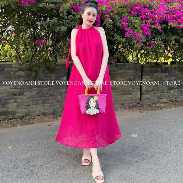 VÁY ,ĐẦM maxi hai lớp cổ yếm thắt nơ nữ tính chất đũi tơ mềm mại đi biển đi chơi_SB119