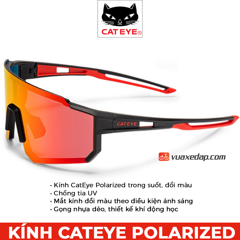 Kính đạp xe CATEYE POLARIZED trong suốt, đổi màu, Chống tia UV, Gọng nhựa dẻo, thiết kế khí động học, không bám vân tay