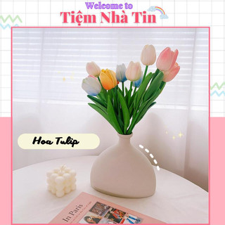 Hoa giả tulip decor trang trí bình thủy tinh, lọ hoa để bàn xinh xắn tiệm nhà tin