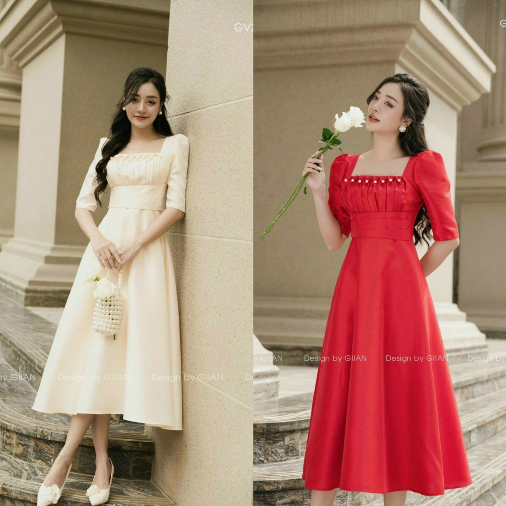 Đầm ngắn tay cổ thuyền dáng xòe xếp ly duyên dáng phù hợp diện tiệc [963]
