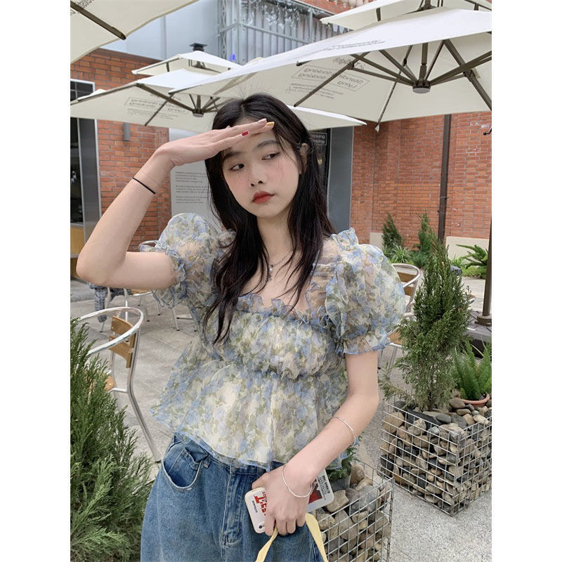 (S1) Áo Voan Hoa Tiểu Thư Hai Lớp Ngăn Tay Chun Ngực Phong Cách Hàn Quốc ❤️