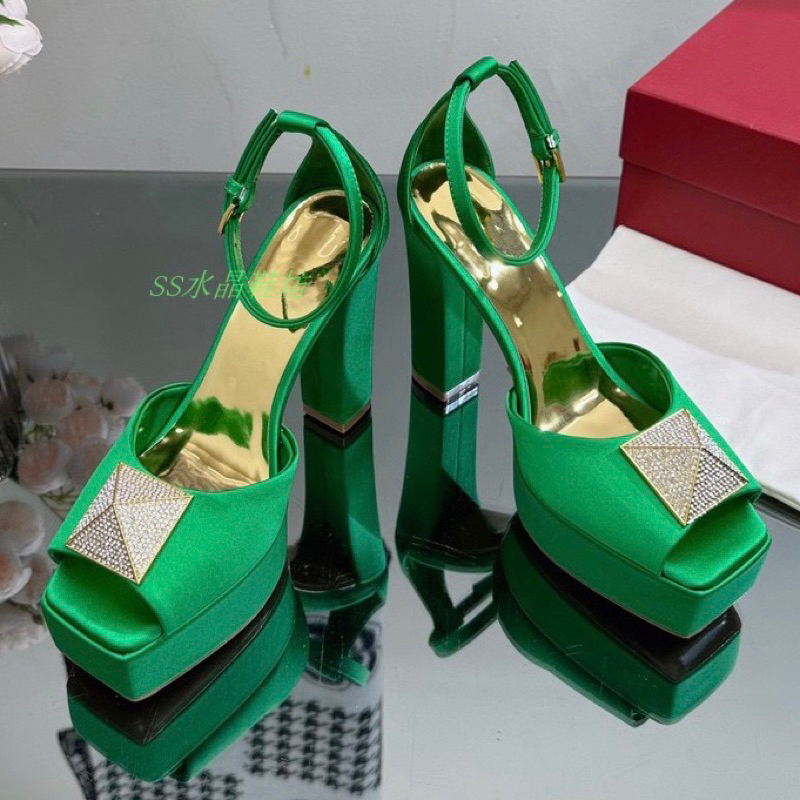 ORDER ❤️ Giày Korea satin quai ngang tag đá vuông gót trụ 12cm 35-39