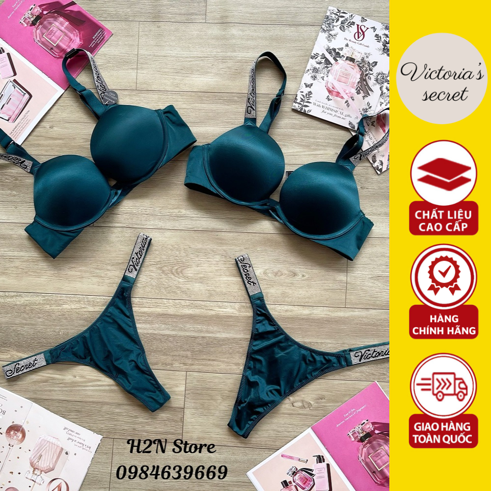 Bộ Nội Y Victoria’s Secret Trơn Màu Xanh Cổ Vịt Quyến Rũ Dây Đá Logo Hãng, Áo Nâng Ngực Nhiều, Quần Ren Mềm Mại