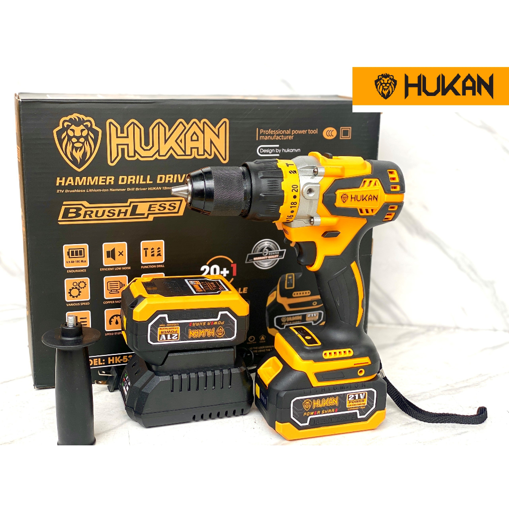 Máy khoan pin hukan Hk 533 21v chính hãng 3 chức năng không than mẫu mới có đèn báo pin