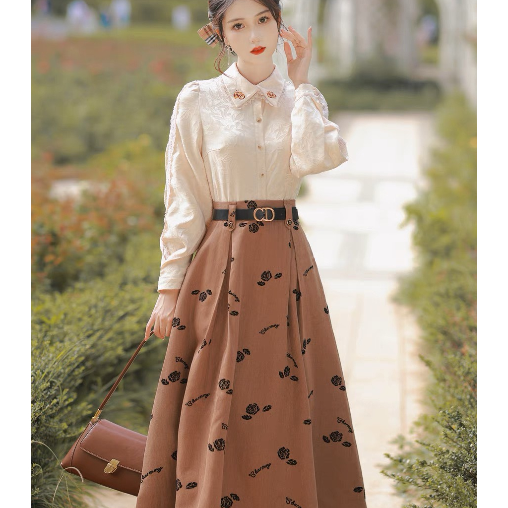 Set áo sơ mi mix chân váy midi dáng dài họa tiết kèm đai thắt thanh lịch tươi trẻ E294 Emilion Chic