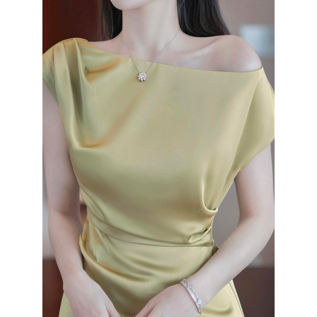 Váy Lụa, Đầm body dáng bút chì dáng dài trễ vai nhún eo màu xanh bơ dịu dàng quý phái dự tiệc đi chơi đi làm Emilione117
