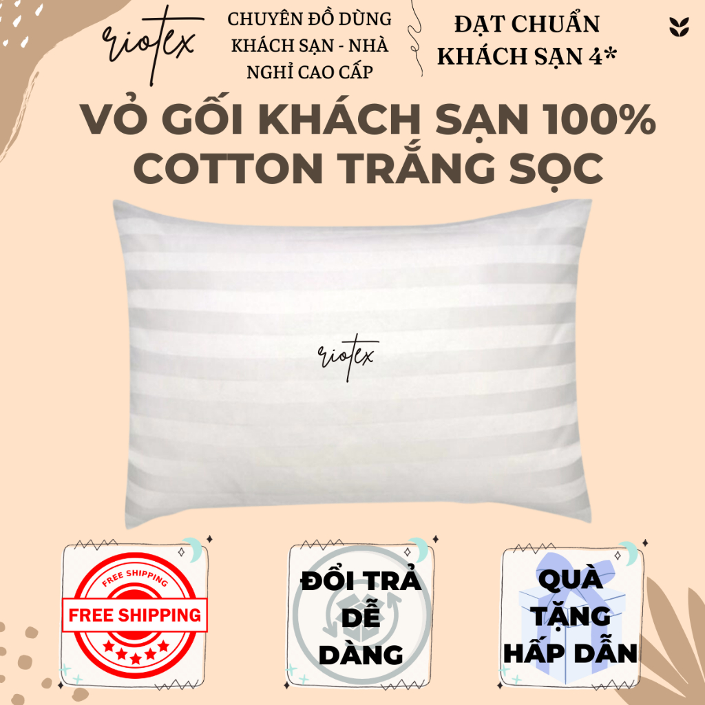 Vỏ gối nằm màu trắng sọc Riotex cao cấp mềm mịn - KT: 40x60cm/50x70cm