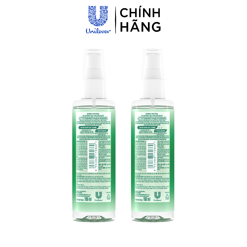 Combo 2 Xịt dưỡng tóc tinh dầu bưởi Sunsilk Natural giúp tóc chắc khỏe và giảm gãy rụng 100ml/chai