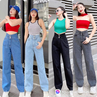 [hình thật] QUẦN JEANS ỐNG RỘNG LƯNG SIÊU CAO COTTON KHÔNG GIÃN TRƠN CẠP 2 NÚT