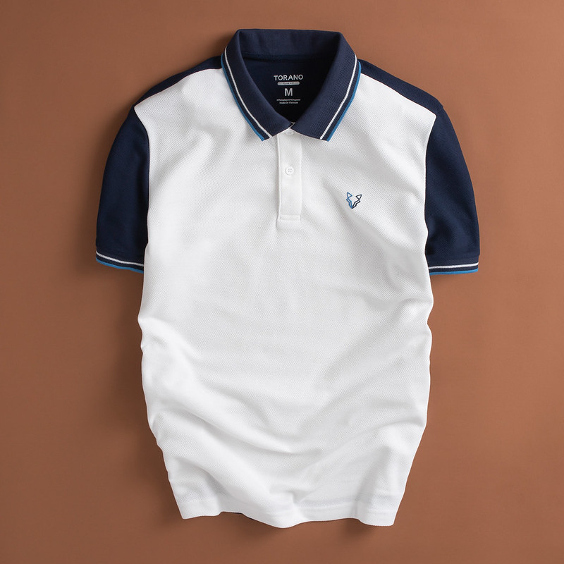 Áo polo can phối, thêu logo ngực ngắn tay, thoáng khí, trơn bo kẻ 1.ESTP018