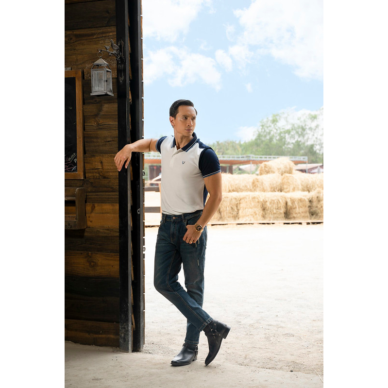 Áo polo can phối, thêu logo ngực ngắn tay, thoáng khí, trơn bo kẻ 1.ESTP018