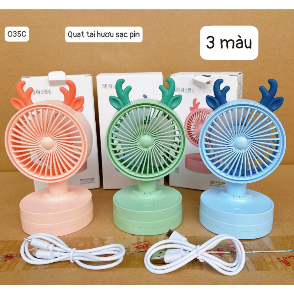 Quạt tích điện tai hươu 3 chế độ gió hàng cao cấp kèm dây sạc