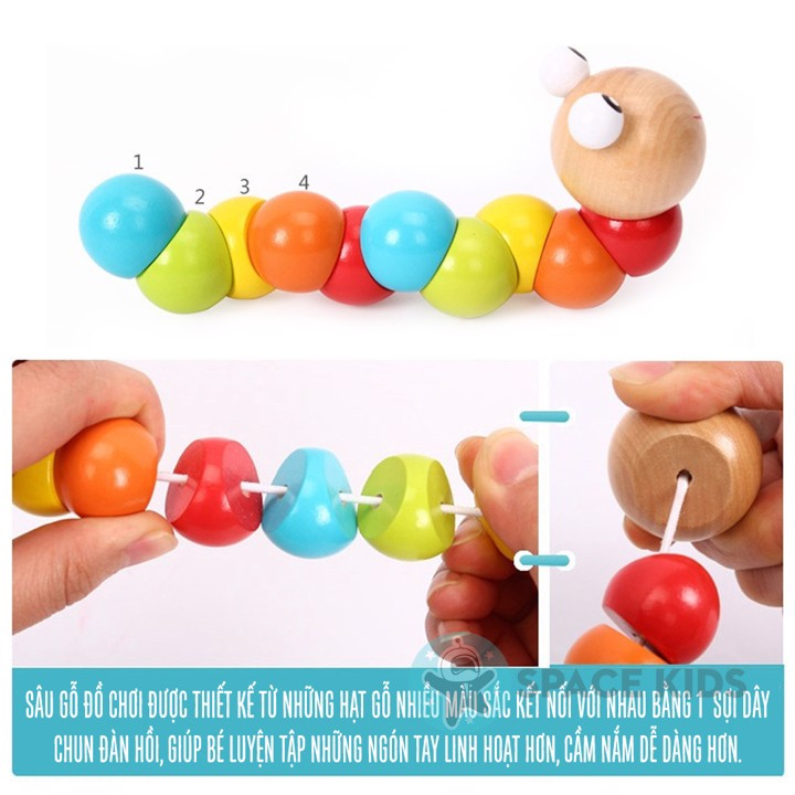 Đồ chơi con sâu sắc màu bằng gỗ tập cầm nắm cho bé