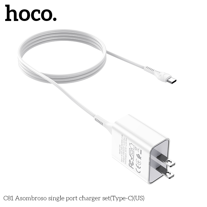 Bộ Sạc Hoco C81, USB to Type-C, Sạc Nhanh 2.1A, Vật Liệu PC Chống Cháy, Thích Hợp Cho Dòng Máy Android, Dây Dài 100cm.
