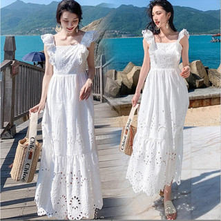 Đầm maxi trắng vải xô