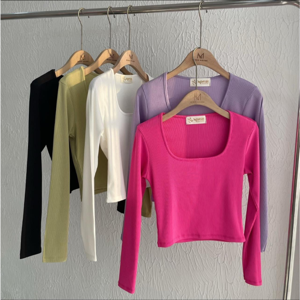 Áo croptop tay dài trơn cổ vuông ôm body co giãn tốt phong cách Hàn Quốc đi chơi đi cafe AT215