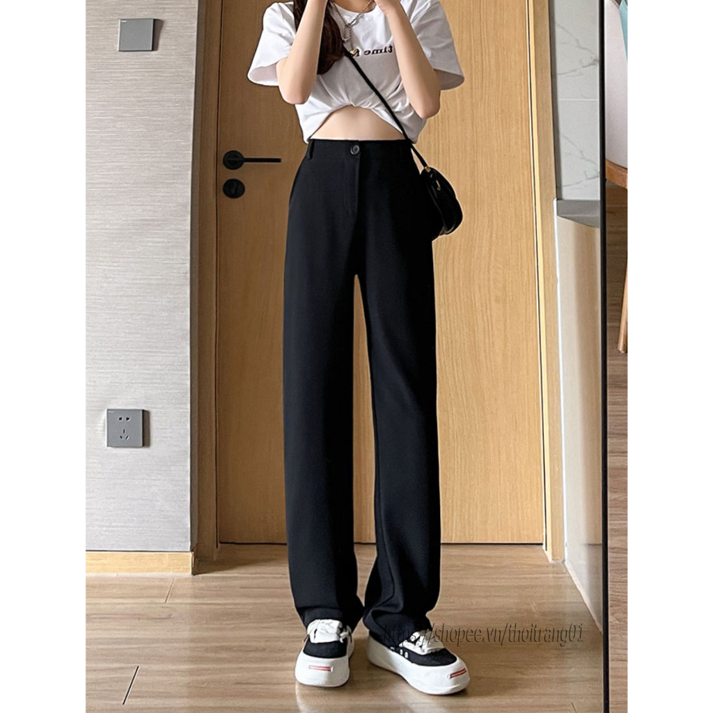 Quần ống rộng suông nữ lưng thun sao quần tây nữ dáng suông bigsize màu đen lưng cao culottes khóa trước co giãn A02