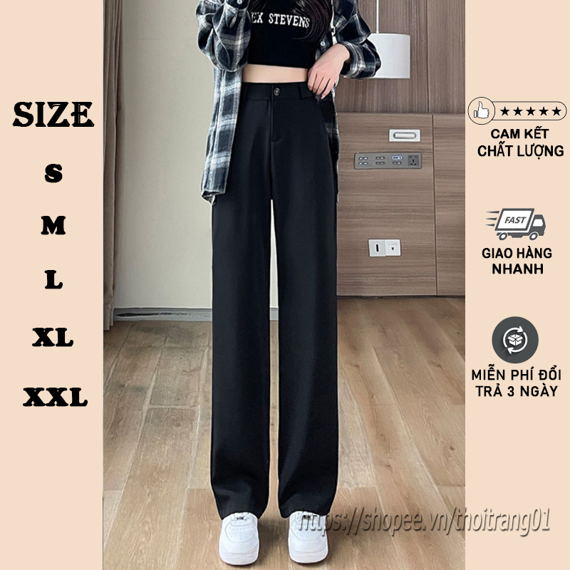 Quần ống rộng suông nữ lưng thun sao quần tây nữ dáng suông bigsize màu đen lưng cao culottes khóa trước co giãn A02