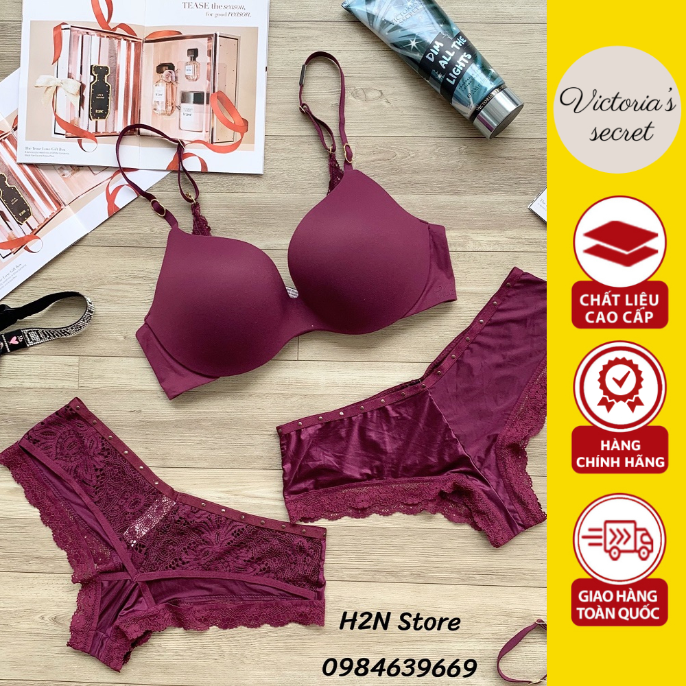 Bộ Nội Y Victoria’s Secret Trơn phối ren Màu mận Quyến Rũ, Áo Nâng Ngực Mút nhẹ, Quần phối Ren Mềm Mại Hàng Mỹ