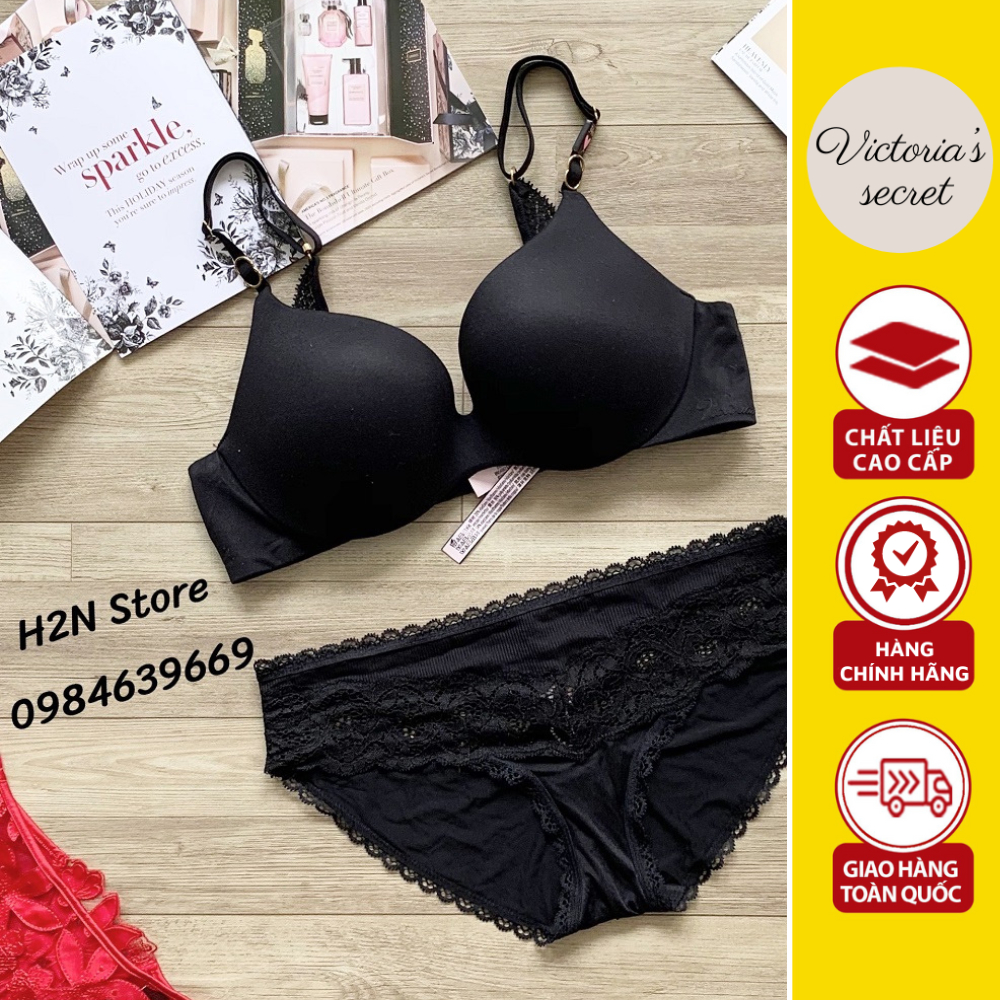 Bộ Nội Y Victoria’s Secret Trơn Phối Ren Màu Đen Quyến Rũ, Áo Nâng Ngực Mút Nhẹ, Quần Phối Ren Mềm Mại Hàng Mỹ