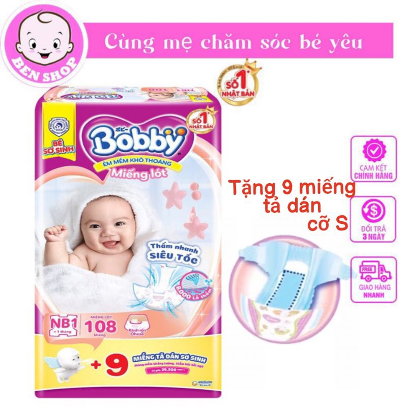Miếng Lót Newborn 108 Miếng TẶNG 9 Tả Dán Tặng 6 Tả Quần Mở Một Bên Bobby