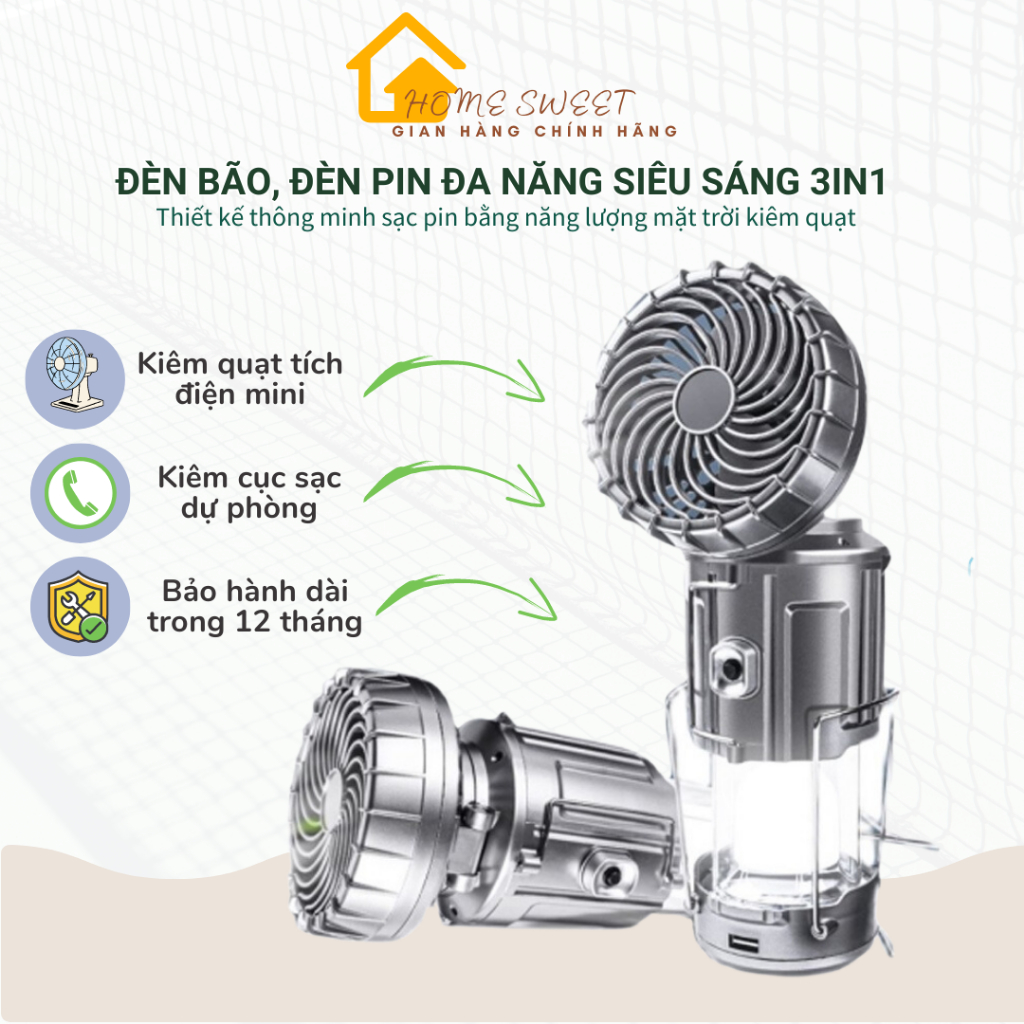 Đèn bão camping năng lượng mặt trời 3in1, đèn pin kiêm quạt mini, sạc dự phòng, công nghệ chống nước, bảo hành 12 tháng