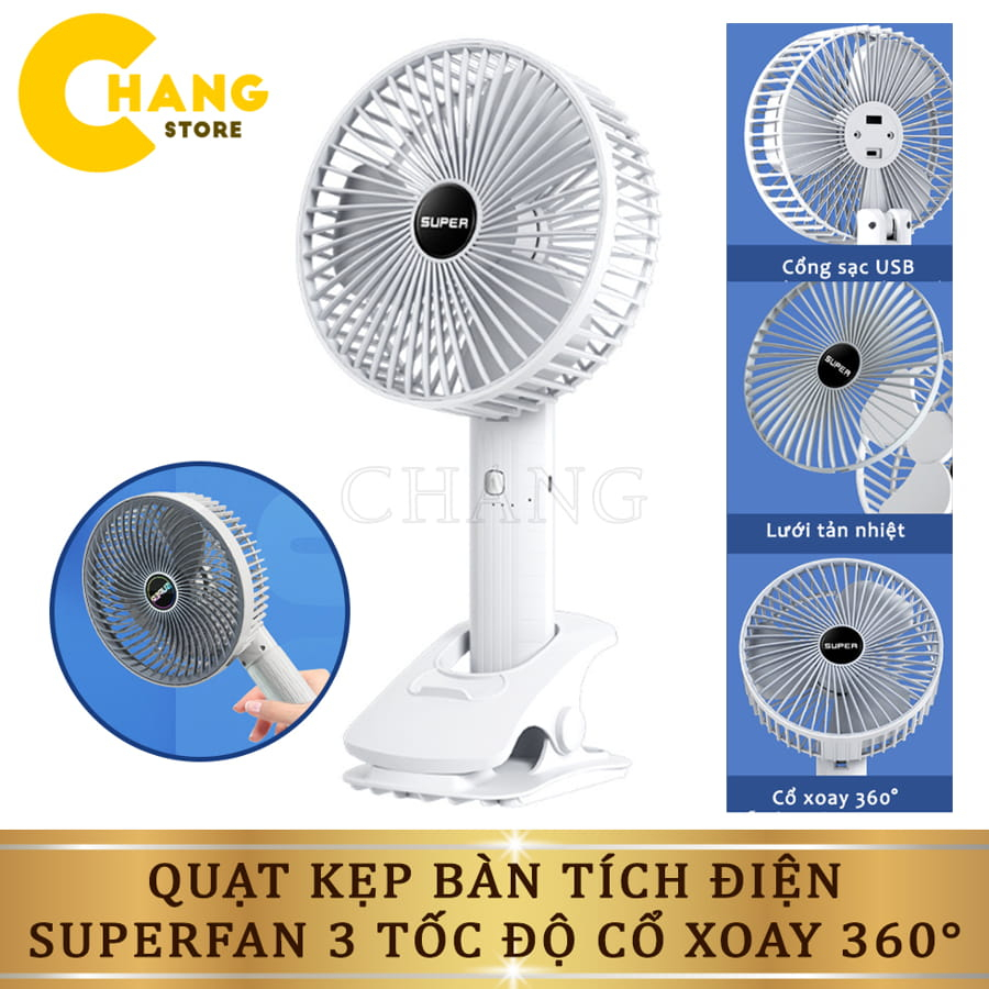 Quạt Kẹp Bàn Sạc Pin Tích Điện Super, Quạt Tích Điện Để Bàn Tiện Dụng 3 Tốc Độ Gió Có Giá Đỡ Điện Thoại
