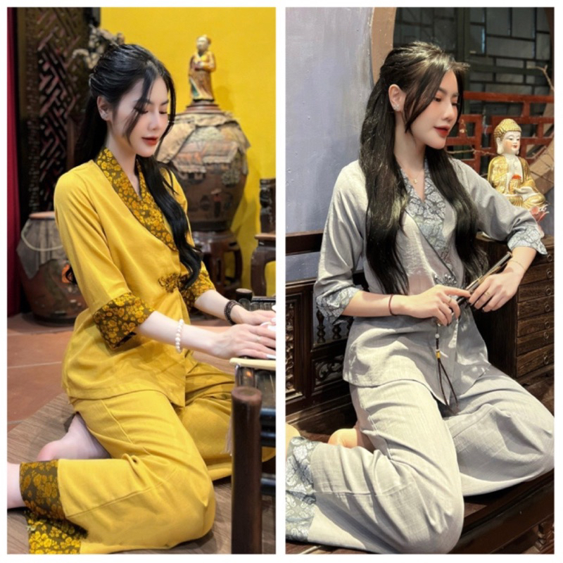 Bộ lụa chéo mango đũi cao cấp mềm mát, tay lỡ phối gấm đi lễ chùa
