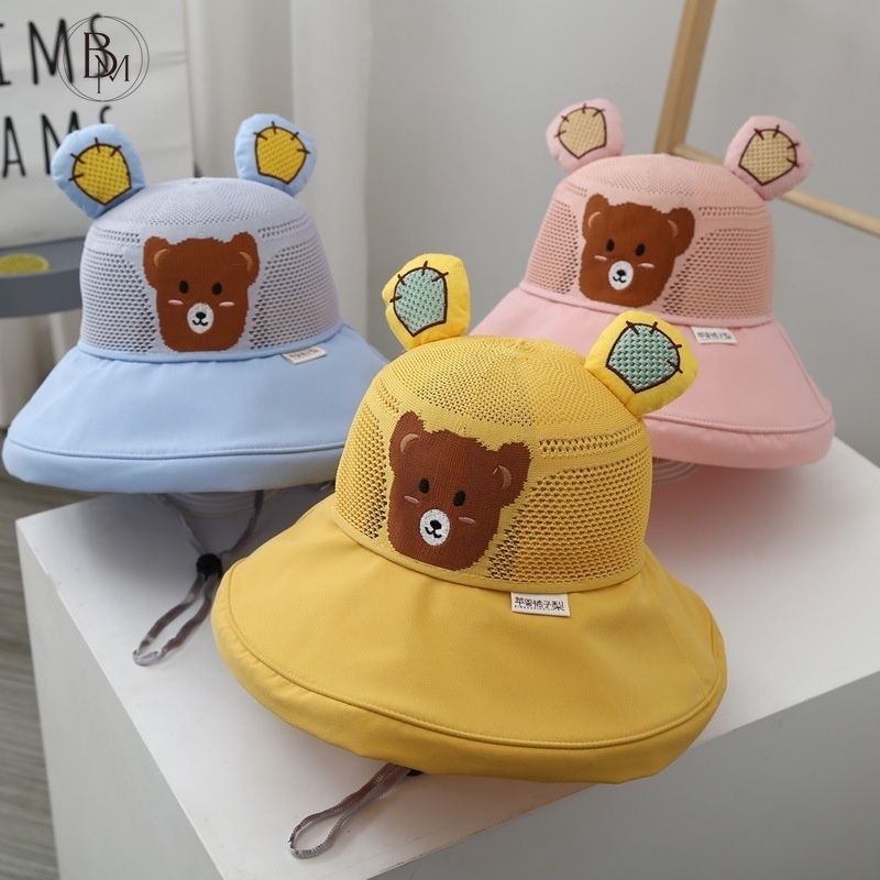 Mũ Nón Tai Bèo Phối Lưới In Họa Tiết Gấu Hoạt Hình Thoáng Khí Thời Trang A.d