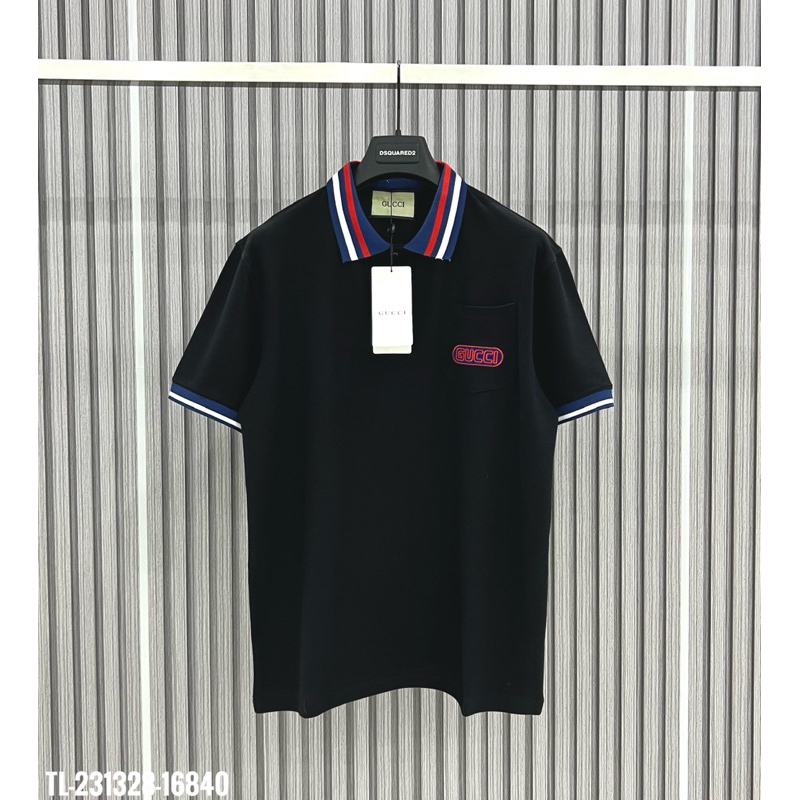 Áo Polo Thêu Viền Kẻ Túi Thêu GUCCI•MinWay Store