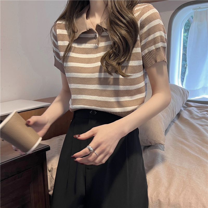 Áo croptop nữ tay ngắn kiểu sọc, áo polo chất len dệt kim dễ thương NP212