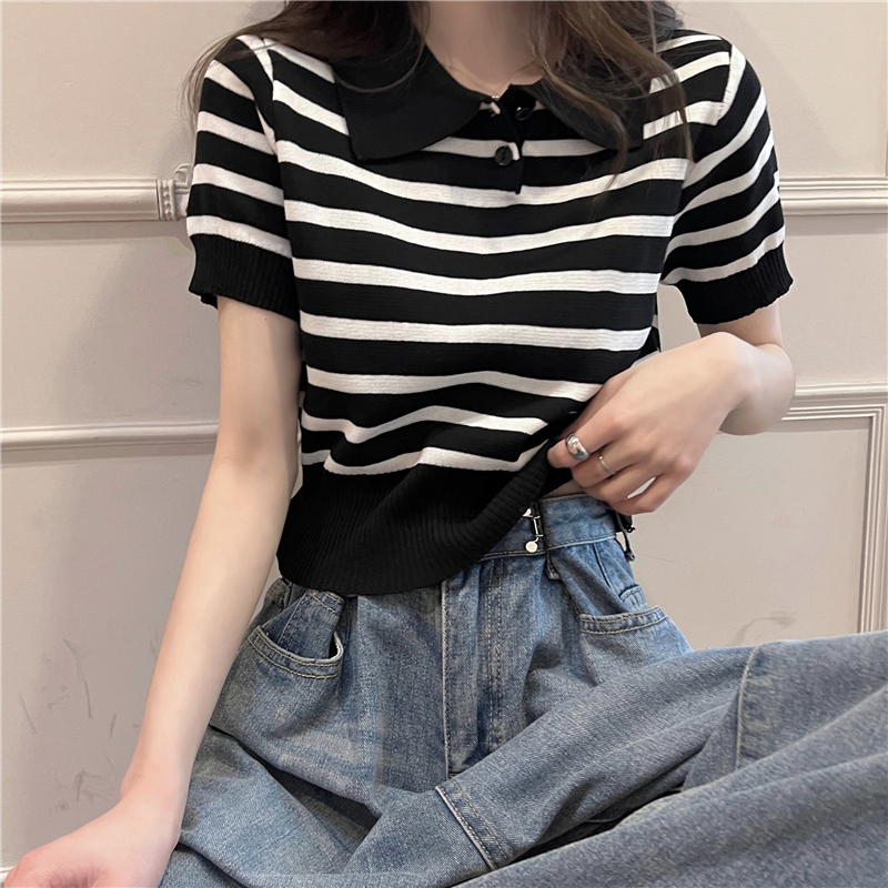 Áo croptop nữ tay ngắn kiểu sọc, áo polo chất len dệt kim dễ thương NP212