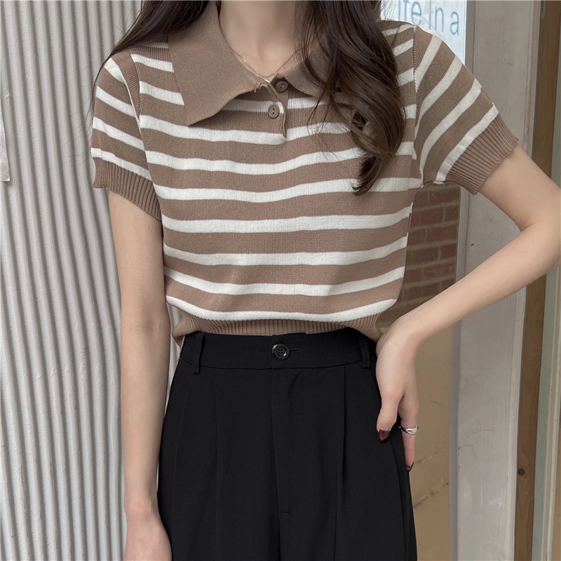 Áo croptop nữ tay ngắn kiểu sọc, áo polo chất len dệt kim dễ thương NP212