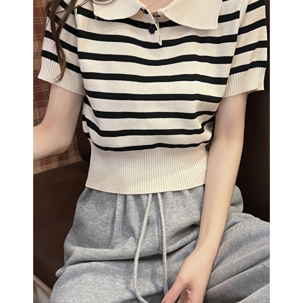 Áo croptop nữ tay ngắn kiểu sọc, áo polo chất len dệt kim dễ thương NP212