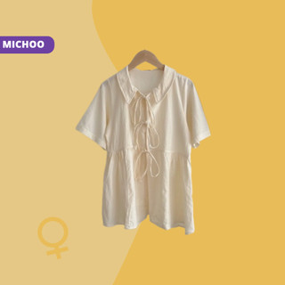 Áo sơ mi cộc tay michoo buộc dây vintage chất đũi thoáng mát