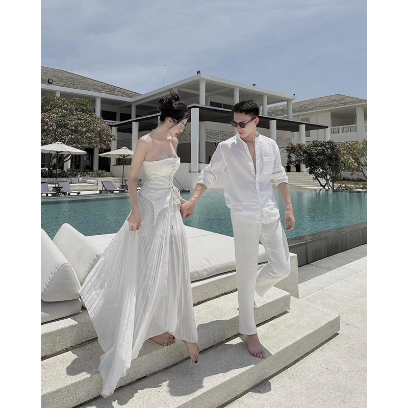 Set áo corset chân váy maxi dập li mai phương bùi
