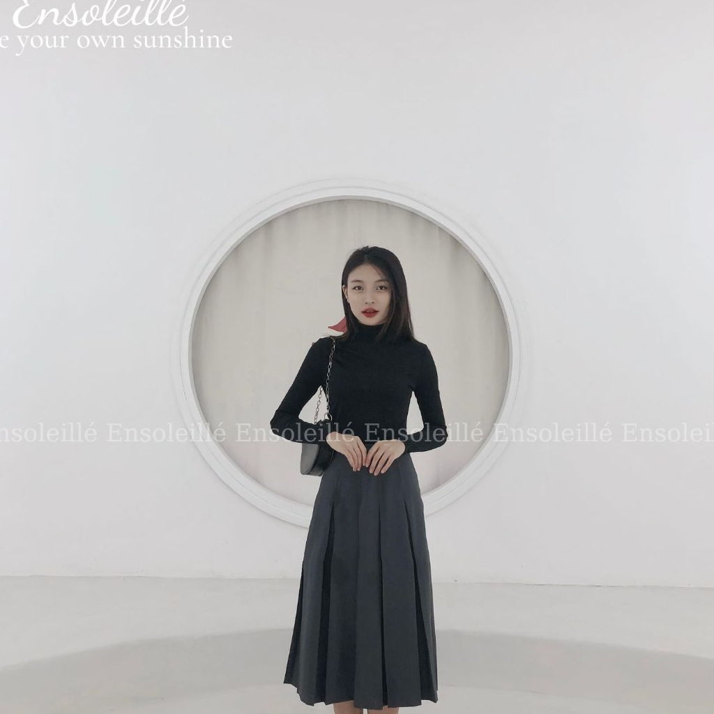 Chân váy nữ midi FRILL xếp ly dáng dài xẻ tà Ensoleillé Fashion design, vải tuýp si hai biên cao cấp chuẩn form 2 lớp