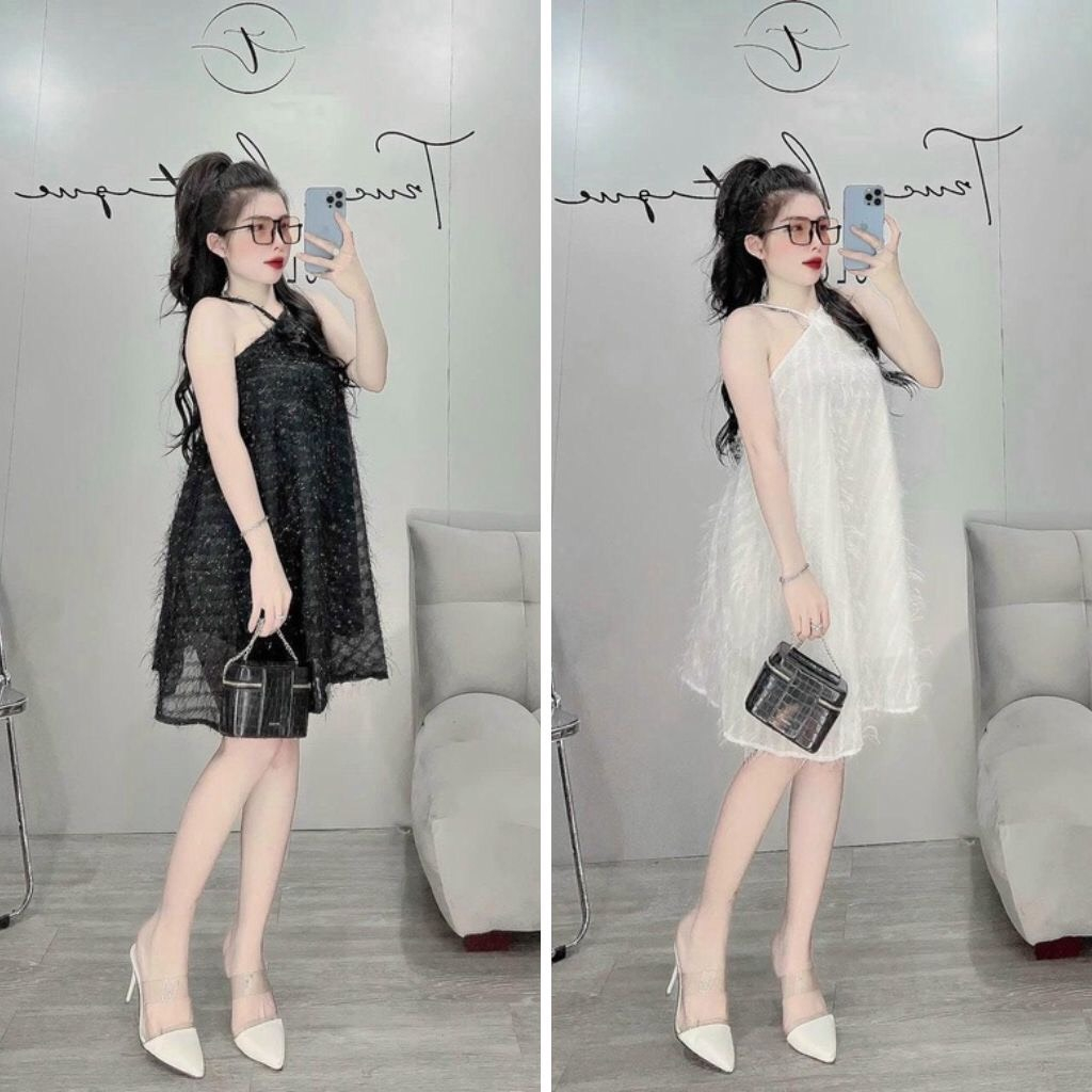 Đầm nữ form rộng, đầm cổ yếm dây kim tuyến đính hoa hồng chất lông nhũ sexy, quyến rũ
