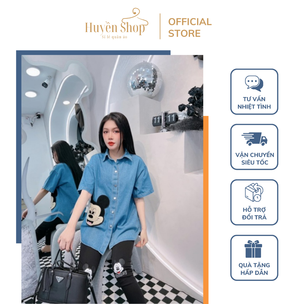 Áo Sơ Mi Jean Nữ Tay Ngắn Cổ Sơ Mi Thêu Hình Mickey Nổi Mặt Lông Phong Cách Cá Tính Size Từ 43-60kg - Huyền Shop
