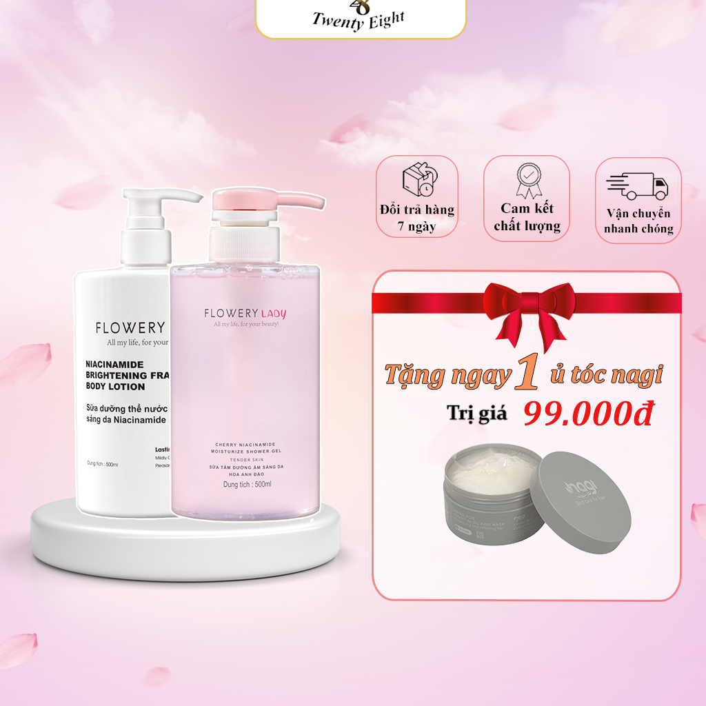 Combo sữa tắm sữa dưỡng thể dưỡng trắng da hương Hoa Anh Đào Flowery LADY Niacinamide 500ml [Tặng kem ủ tóc nagi]