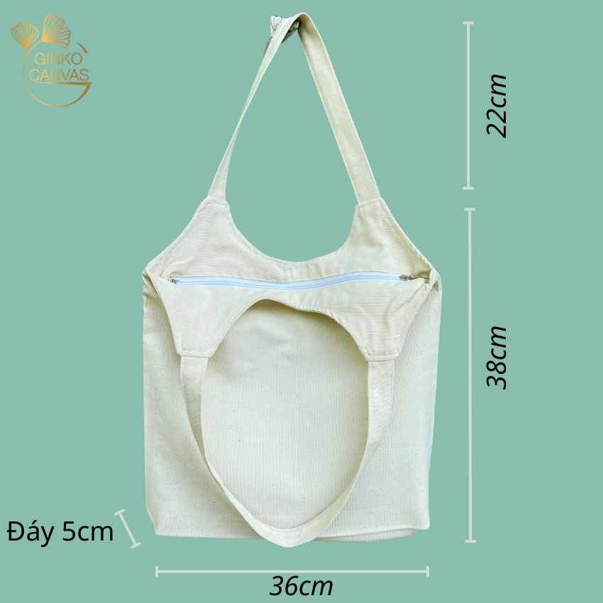 Túi Tote Đeo Vai Vải Mộc GINKO Có Khóa Kéo Miệng Túi In Hình Bình Cắm Hoa (KT 36X38) GK54