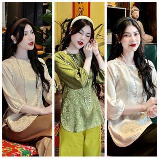 Bộ áo bà ba cổ chui khoá sau đi lễ chùa gấm lụa cao cấp vải mềm mát dày dặn