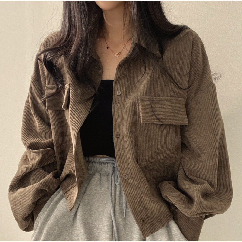 Áo sơ mi nhung nữ croptop tay phồng dài tay dáng rộng hàn quốc Saniee Clother