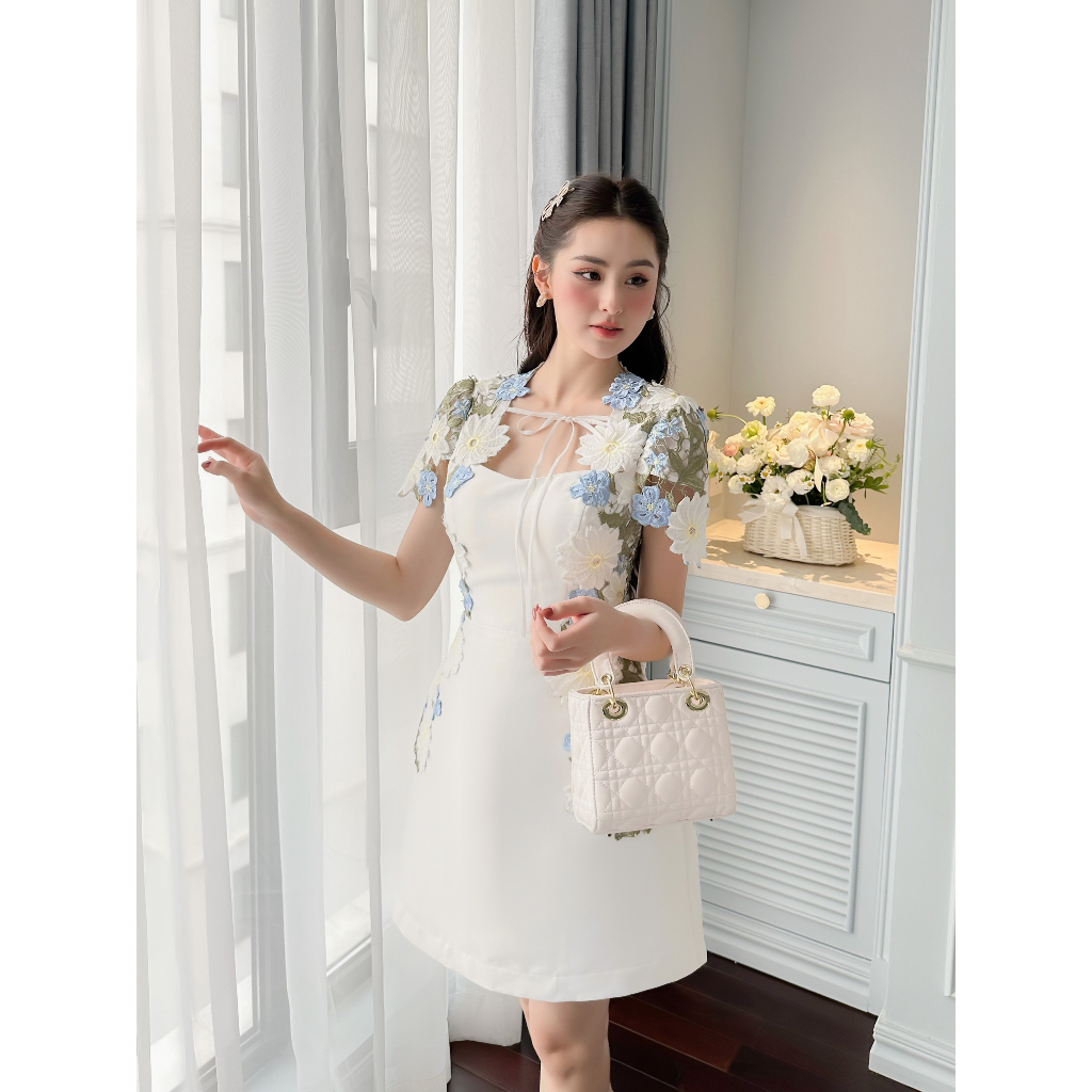 Khâu  Đầm thêu hoa xanh  Lovelyn hoa xanh
