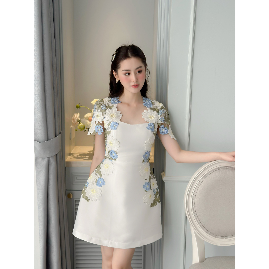 Khâu  Đầm thêu hoa xanh  Lovelyn hoa xanh
