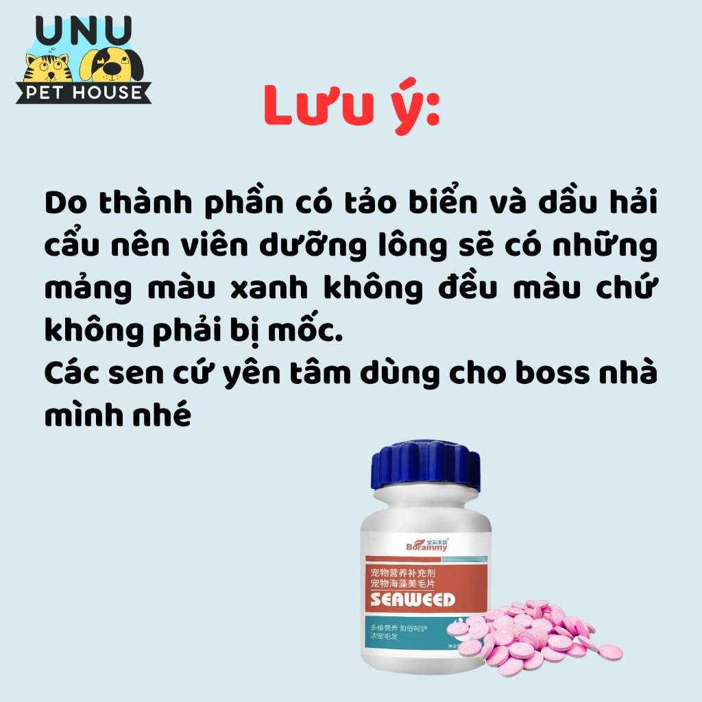 Dưỡng lông cho chó mèo BORAMMY chiết xuất tảo biển, bảo vệ nang lông, dưỡng lông bóng mượt, lọ 180 viên - UNU Pet House